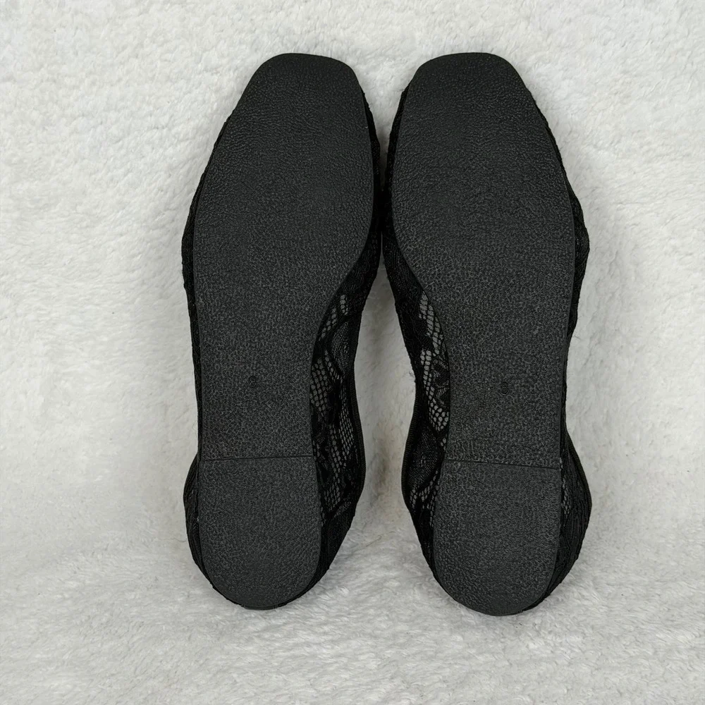 Comfort Ballet Flats Womens Size 8 Black Lace Mesh Square Toe Bow Slip On E-335